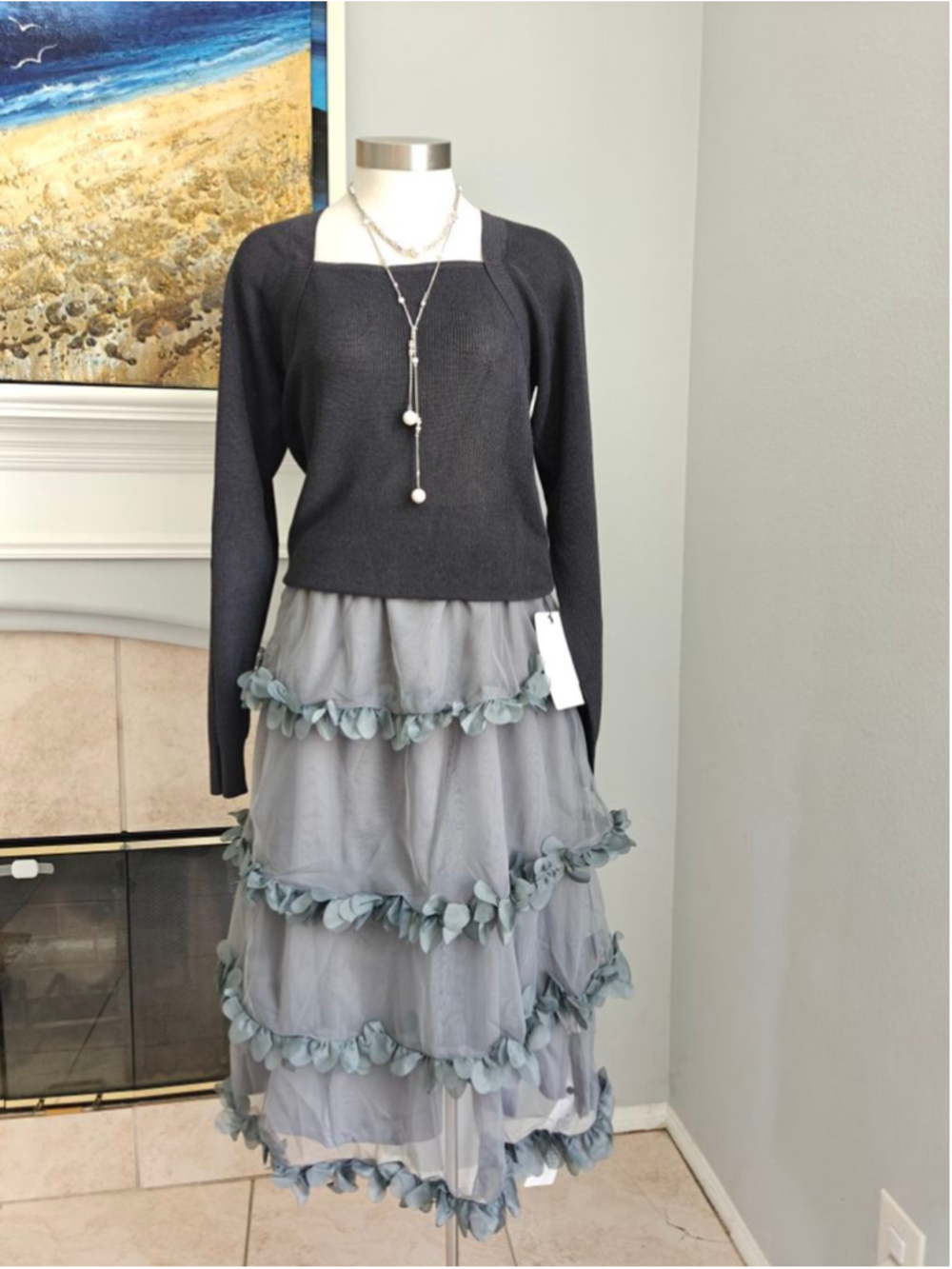 Fairycore Floral Appliqué Tulle Midi Skirt | Cottagecore Mesh Skirt | Elastic Wa